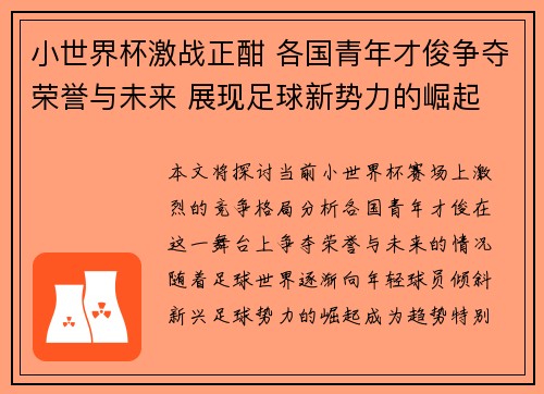 小世界杯激战正酣 各国青年才俊争夺荣誉与未来 展现足球新势力的崛起